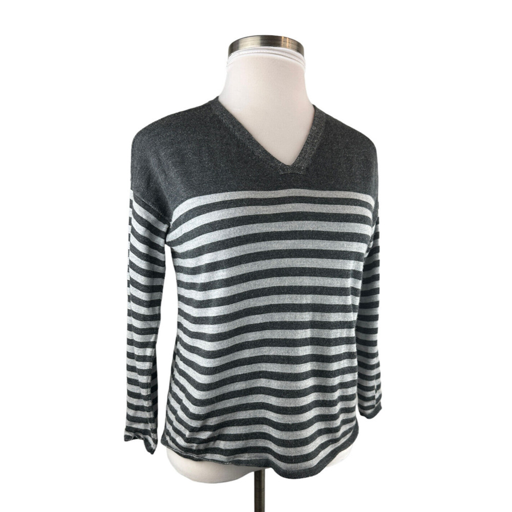 Eileen Fisher 100% Merino Wool V-Neck Sweater Striped Gray Small Quiet Luxury - Picture 3 of 10